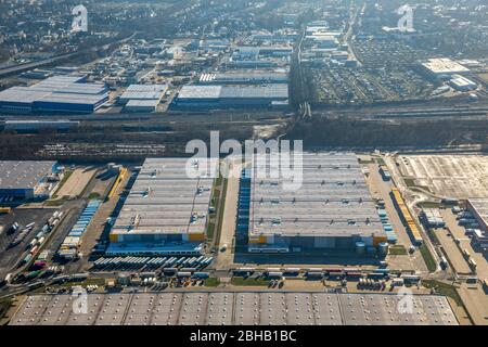 Amazon Logistics Center Dortmund, Luftaufnahme, Garbe-Logistikpark Eisenhütte Westfalenhütte, DB Schenker, Kaltband Street, ID-Logistics, Warmbreitband Street, Rhenus Contract Logistics West GmbH Co. Kg, Jucho Street, Dortmund, Nordrhein-Westfalen, Deutschland Stockfoto