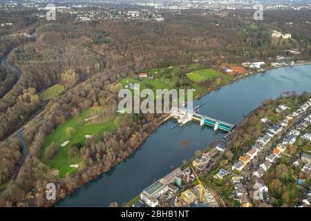 Luftaufnahme, Baldeneysee, Golfplatz ETUF, Ruhrtal mit Sperrfeuer, Werden, Essen, Ruhrgebiet, Nordrhein-Westfalen, Deutschland Stockfoto