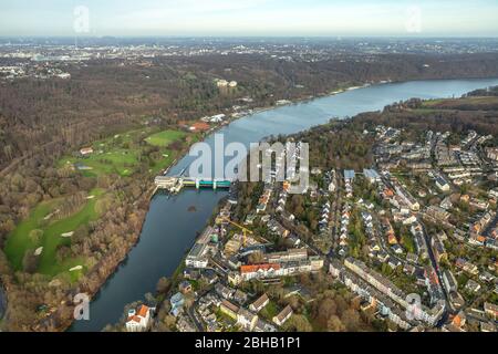 Luftaufnahme, Baldeneysee, Golfplatz ETUF, Ruhrtal mit Sperrfeuer, Werden, Essen, Ruhrgebiet, Nordrhein-Westfalen, Deutschland Stockfoto