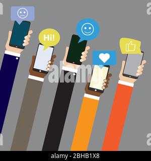 Mobile Anwendungen mit Chat in sozialen Netzwerken. Hände halten moderne Mobiltelefone, flache Vektor-Illustration. Stock Vektor
