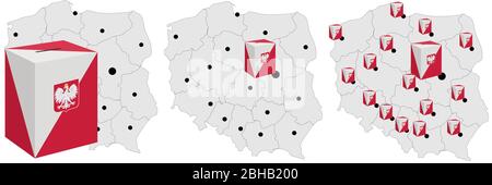 Polnische Karte und Wahlurne in offiziellen Landesfarben, d.h. weiß und rot. Stock Vektor