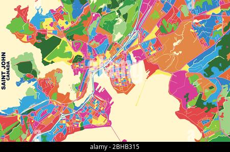 Bunte Vektorkarte von Saint John, New Brunswick, Kanada. Art Map Vorlage für selbstdruckende Wandkunst im Querformat. Stock Vektor