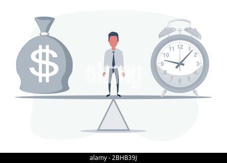 Geschäftsmann steht auf Wippe zwischen Uhr und Tasche mit Dollar-Symbol und balancieren Geld und Zeit. Stock Vektor