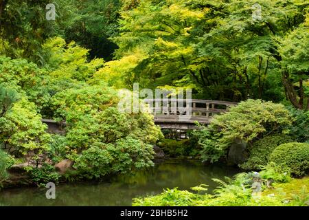 Steg über Teich in Japanese Garden, Portland, Oregon, USA Stockfoto
