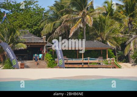 Strandeinrichtungen auf Necker Island, einer privaten Insel, die von Virgin Limited Edition, einem Unternehmen im Besitz von Richard Branson, gemietet wurde. Stockfoto