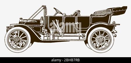 Klassischer, abnehmbarer viertüriger Tourenwagen in Seitenansicht. Illustration nach einem historischen Stich aus dem frühen 20. Jahrhundert Stock Vektor