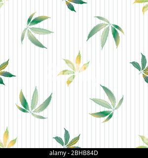 Cannabis hinterlässt nahtlose Vektor-Muster Hintergrund. Handgezeichnete pastellfarbene Hanfblätter auf weiß ausgekleideten Hintergrund. Stilvolles botanisches Marihuana-Design. Alle Stock Vektor