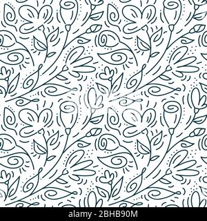 Nahtloses Muster mit handgemalten monolinischen Blüten und Blättern auf weißem Hintergrund. Vektor-Illustration Valentinstag, Hochzeit, Geburtstagsgruß Stock Vektor
