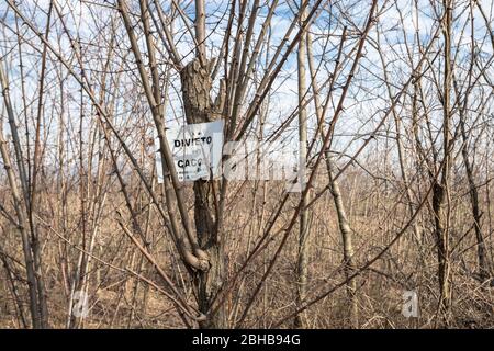 Italienisch KEIN JAGDSCHILD (auf italienisch DIVIETO DI CACCIA) auf einem Ast. Bergamo, ITALIEN - 13. Februar 2020. Stockfoto