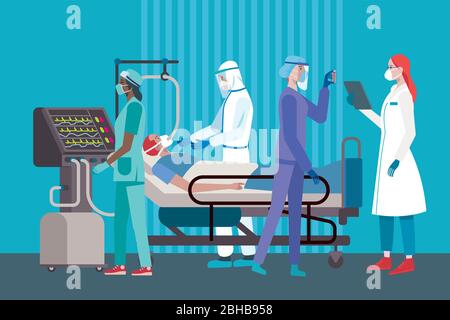 Coronavirus-Patient auf einem Atemgerät, an dem ein Team von Ärzten und Krankenschwestern teilnahm, die verschiedene persönliche Schutzausrüstung auf der Intensivstation tragen Stock Vektor