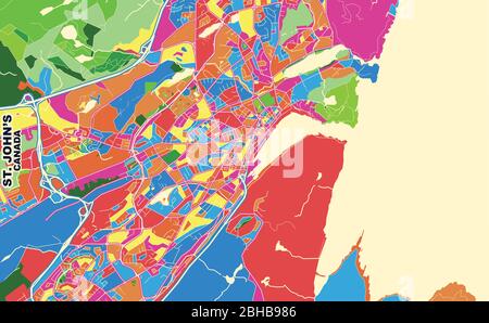 Bunte Vektorkarte von St. Johns, Neufundland und Labrador, Kanada. Art Map Vorlage für selbstdruckende Wandkunst im Querformat. Stock Vektor