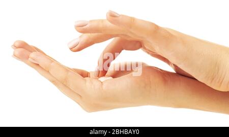 Frau Pflege Hände mit Creme isoliert auf weiß Stockfoto