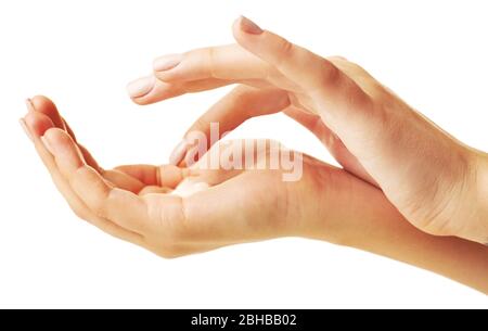 Frau Pflege Hände mit Creme isoliert auf weiß Stockfoto