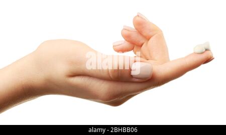 Frau Pflege Hand mit Creme isoliert auf weiß Stockfoto