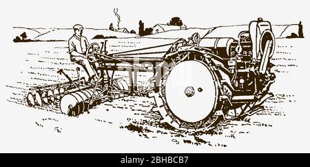 Historischer Landwirt, der einen Traktor Pflug in einem Feld in Seitenansicht fährt. Illustration nach einem Stich aus dem frühen 20. Jahrhundert Stock Vektor