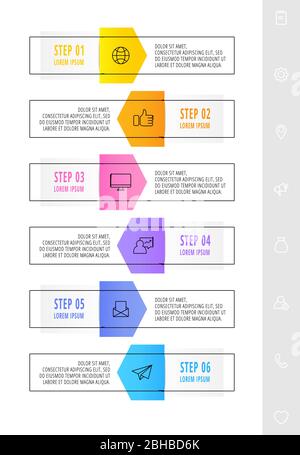 Infografik mit 6 Elementen mit Pfeilen. Vector Konzept von sechs Business-Optionen zur Auswahl. Modernes Design für Inhalte, Grafiken, Diagramme, Diashow. Stock Vektor