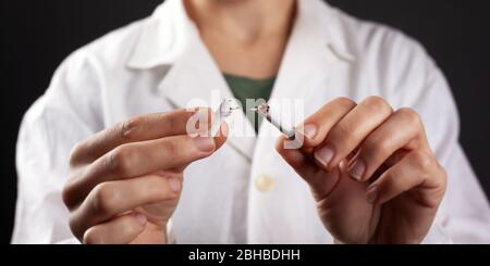 Doktor bricht eine Zigarette in seine Hände auf einem dunklen Hintergrund Nahaufnahme. Schaden durch das Rauchen von Nikotin-Tabak. Stockfoto