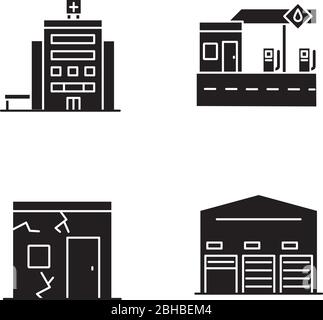 Gebäude Konstruktionen schwarze Glyphen Symbole auf weißen Raum gesetzt Stock Vektor