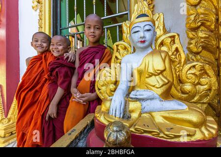 Junge buddhistische Mönchsnovizen während der Klassenpause Stockfoto