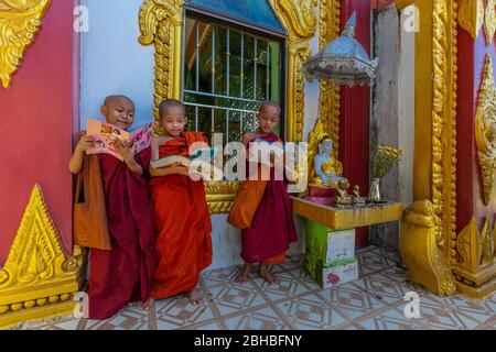 Junge buddhistische Mönche Novizen während der Klassenpause, lesen Zeitschriften und Bücher Stockfoto