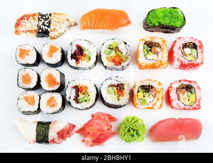 Sushi Pieces Kollektion isoliert auf weiß Stockfoto