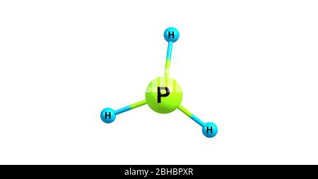 Phosphin oder Phosphan ist die Verbindung mit der chemischen Formel PH3. Es ist ein farbloses, entflammbares, giftiges Gas und Pnictogen-Hydrid. 3d-Darstellung Stockfoto