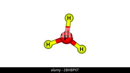 Phosphin oder Phosphan ist die Verbindung mit der chemischen Formel PH3. Es ist ein farbloses, entflammbares, giftiges Gas und Pnictogen-Hydrid. 3d-Darstellung Stockfoto