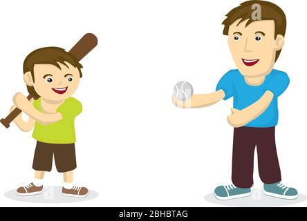 Vater und Sohn spielen Baseball zusammen und zeigen die starke Bindung zwischen ihnen. Geeignet für Vatertag Feier. Vektor Cartoon Illustration . Stock Vektor