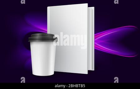 Mock-up-Illustration von Heißgetränkebecher und Notizbuch auf abstraktem Hintergrund Stock Vektor