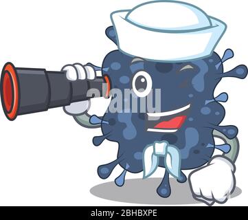 Eine Cartoon-Ikone der Bakterien neisseria Sailor mit binokular Stock Vektor