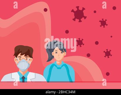 Arzt mit medizinischer Maske und Patient mit Coronavirus Symptome Vektor Illustration Design Stock Vektor