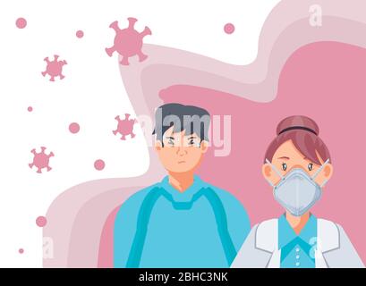 Ärztin mit medizinischer Maske und Patientin mit Coronavirus Symptomen Vektor Illustration Design Stock Vektor