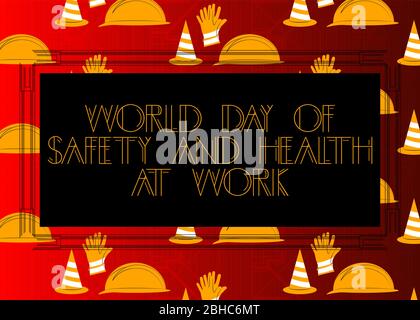Art Deco Welttag der Sicherheit und Gesundheit am Arbeitsplatz (April 28). Dekorative Grußkarte, Schild mit Vintage-Buchstaben. Stock Vektor