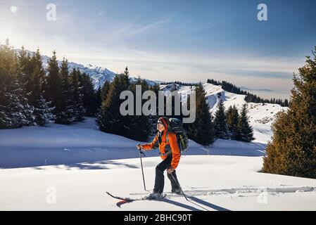 Man Skifahren auf frischen Pulverschnee im Wald, in den Bergen in der Nähe von Almaty, Kasachstan Stockfoto