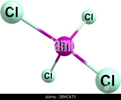 Siliziumtetrachlorid oder Tetrachlorsilan ist die anorganische Verbindung mit der Formel SiCl4. Es ist eine farblose flüchtige Flüssigkeit, die in der Luft abdämpft. 3d Stockfoto