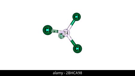 Siliziumtetrachlorid oder Tetrachlorsilan ist die anorganische Verbindung mit der Formel SiCl4. Es ist eine farblose flüchtige Flüssigkeit, die in der Luft abdämpft. 3d Stockfoto