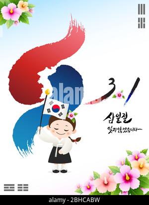 Unabhängigkeitsbewegung Tag, Koreanische Übersetzung. Taegeukgi Hintergrund, Mugunghwa Blume, traditionelle Hanbok Kinder Design Vektor. Stock Vektor