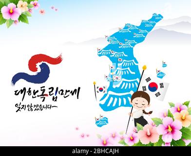 Unabhängigkeitsbewegung Tag, Koreanische Übersetzung. Ein Kind in hanbok hält die Nationalflagge vor einer koreanischen Karte. Vektor. Stock Vektor