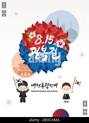 Korea Liberation Day, Koreanische Übersetzung. Mugunghwa Blume und Korea Flagge Konzept Design. Hanbok Kinder winken Fahnen. Stock Vektor