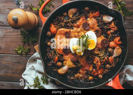 Schmiedeeisen Pfanne mit Gemüse, Fleisch, Ei, Gratin Käse und Koriander auf einem rustikalen Holztisch Stockfoto