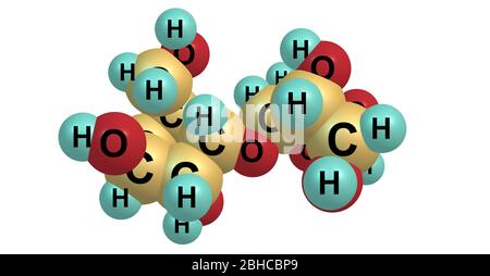 Maltose oder Maltobiose oder Malzzucker ist ein Disaccharid, das aus zwei Einheiten Glukose gebildet wird, die mit einer Alpha-Bindung verbunden sind. 3d-Darstellung Stockfoto