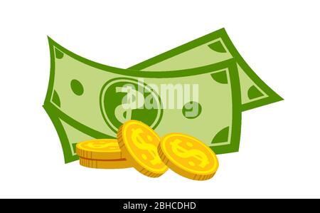 Geld Banknote und Münze Stapel flach Cartoon. Goldmünzen Haufen, Bank Währung Zeichen. Taschengeld Dollar Geldbündel, Bankfinanzierung Investitionen. Vorlage für Finanzprojekte. Isolierte Vektordarstellung Stock Vektor