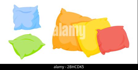 Farbige Kissen flach Cartoon-Set. Heimtextilien für die Inneneinrichtung. Drei Farben quadratische Kissen mockup Vorlage. Feder, Bambus-Öko-Qualität. Farbenfrohes Polsterdesign. Isoliert auf weißen Vektor-Illustration Stock Vektor