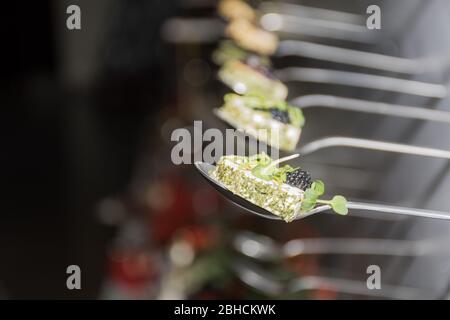 Leckere Häppchen in Reihe mit Kaviar und Frischkäse Vorspeisen, isoliert auf weißem Hintergrund Blick, Finger Food Snacks während des Hotel Brunch Stockfoto