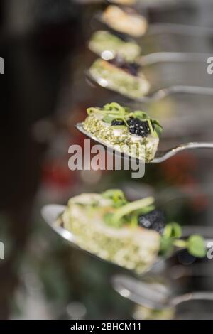 Leckere Häppchen in Reihe mit Kaviar und Frischkäse Vorspeisen, isoliert auf weißem Hintergrund Blick, Finger Food Snacks während des Hotel Brunch Stockfoto