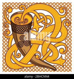 Keltisches, skandinavisches Design. Trinkhorn mit Met und gewebtem Muster Stock Vektor