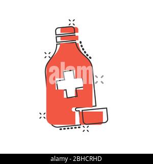 Pille Flasche Symbol im Comic-Stil. Drogen Cartoon Vektor-Illustration auf weißem isolierten Hintergrund. Pharmazie Splash-Effekt Geschäftskonzept. Stock Vektor