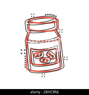 Pille Flasche Symbol im Comic-Stil. Drogen Cartoon Vektor-Illustration auf weißem isolierten Hintergrund. Pharmazie Splash-Effekt Geschäftskonzept. Stock Vektor