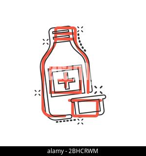 Pille Flasche Symbol im Comic-Stil. Drogen Cartoon Vektor-Illustration auf weißem isolierten Hintergrund. Pharmazie Splash-Effekt Geschäftskonzept. Stock Vektor