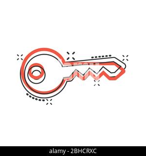 Schlüsselikone im Comic-Stil. Passwort Cartoon Vektor-Illustration auf weißem isolierten Hintergrund. Zugriff auf das Geschäftskonzept mit Splash-Effekt. Stock Vektor